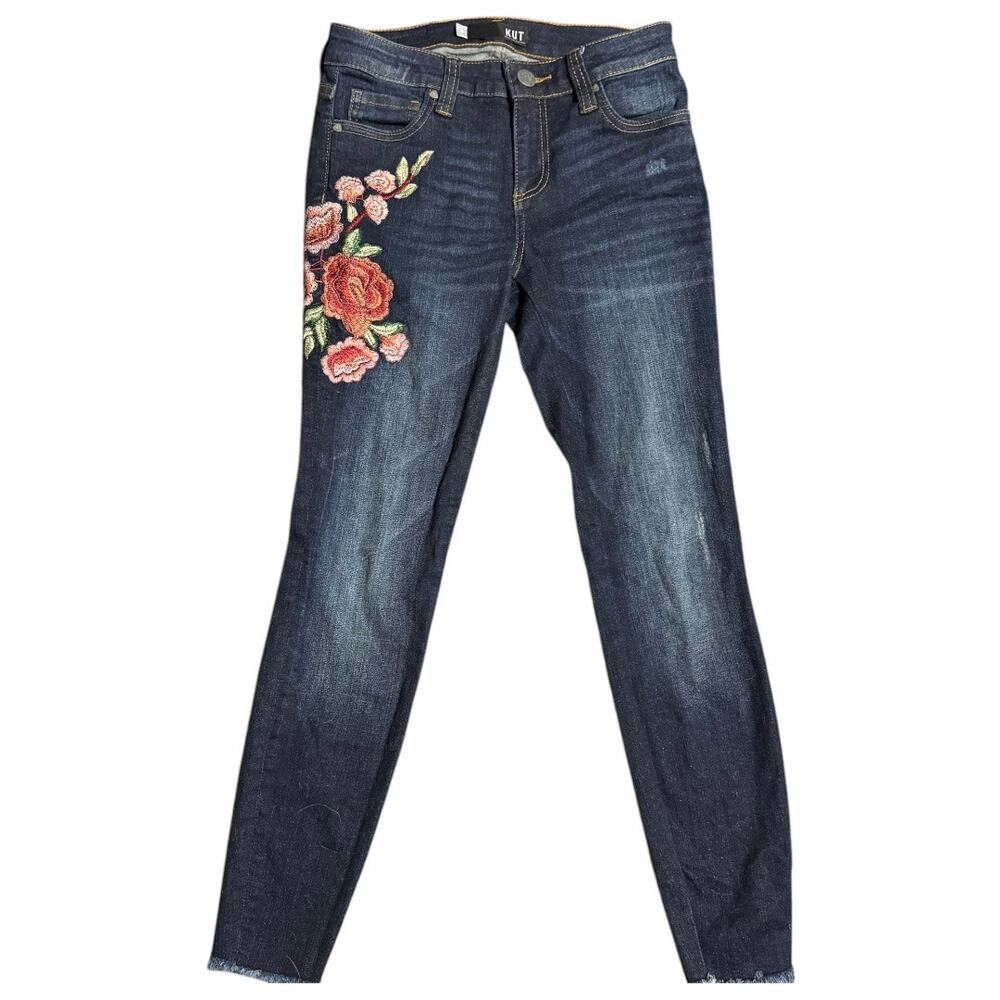 KUT from the Kloth Connie Ankle Skinny Jeans Embroidered Red Flowers Size 0